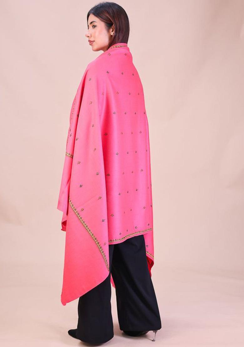 Pink Floral Woolen Shawls - Indya
