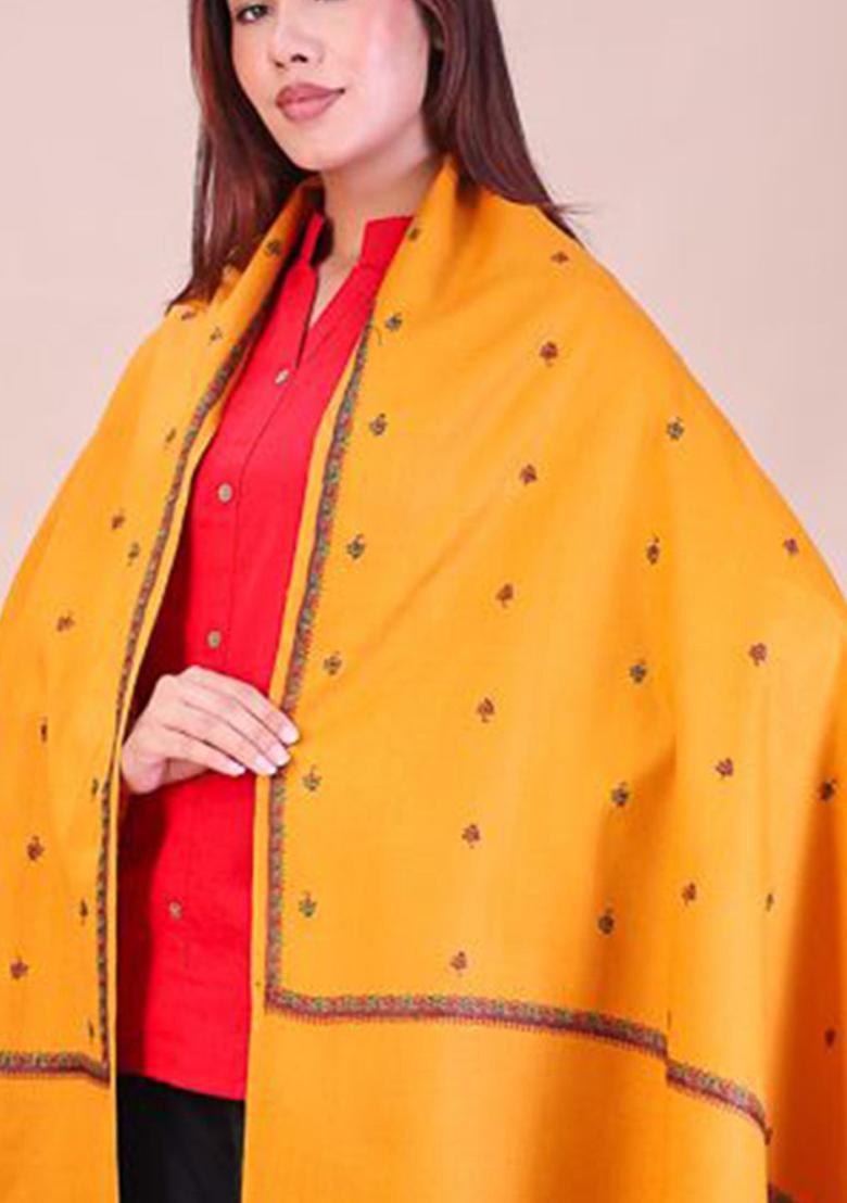 Mustard Floral Woolen Shawls - Indya