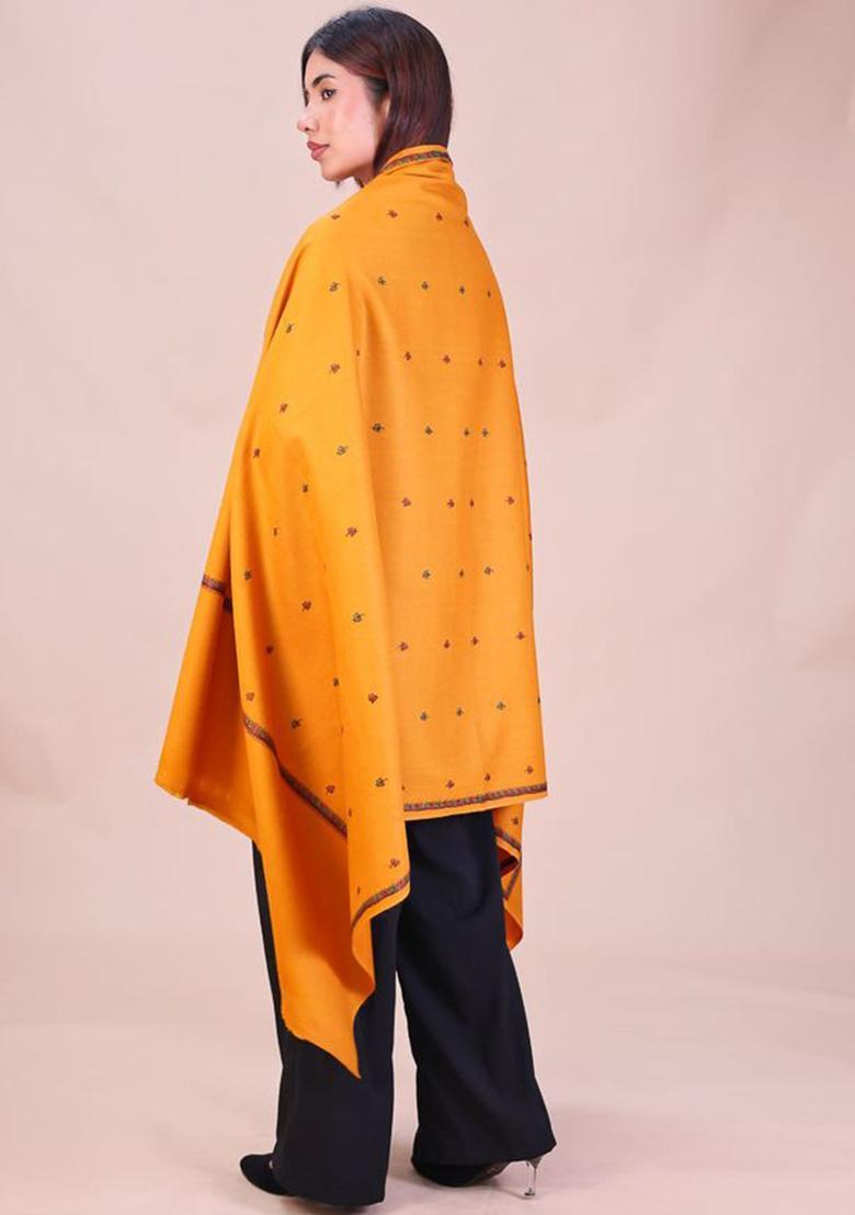 Mustard Floral Woolen Shawls - Indya