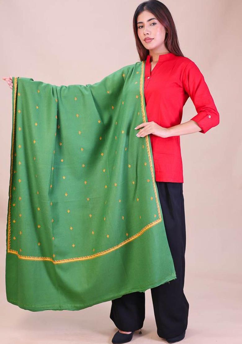 Green Floral Woolen Shawls - Indya