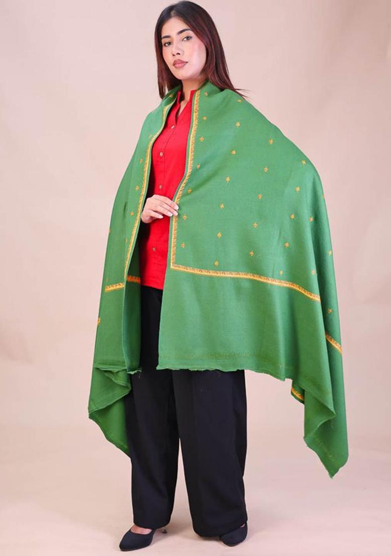 Green Floral Woolen Shawls - Indya