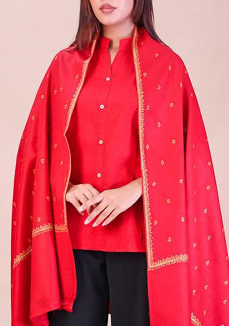 Maroon Floral Woolen Shawls - Indya