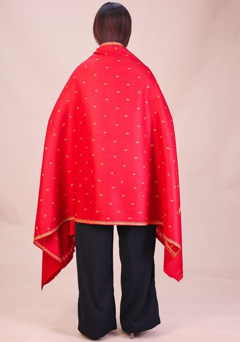 Maroon Floral Woolen Shawls - Indya