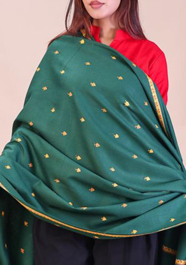 Green Floral Woolen Shawls - Indya