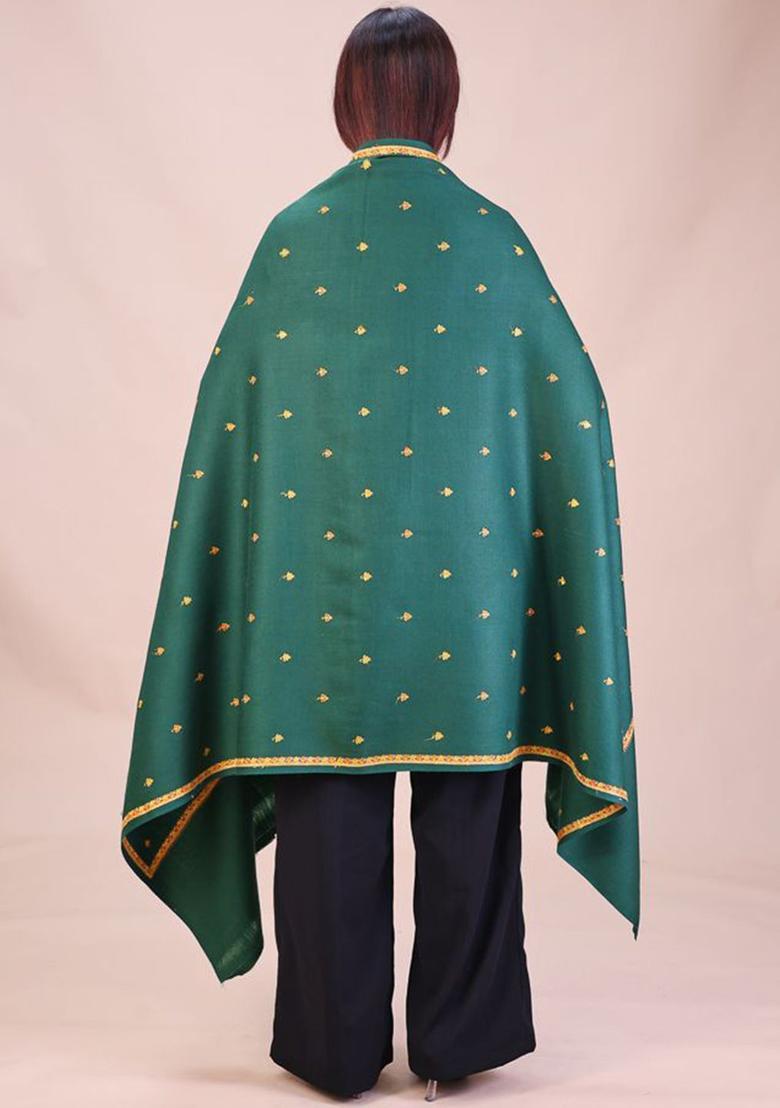 Green Floral Woolen Shawls - Indya