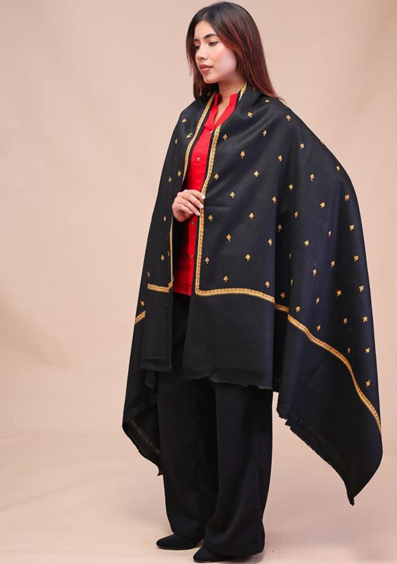 Black Floral Woolen Shawls - Indya
