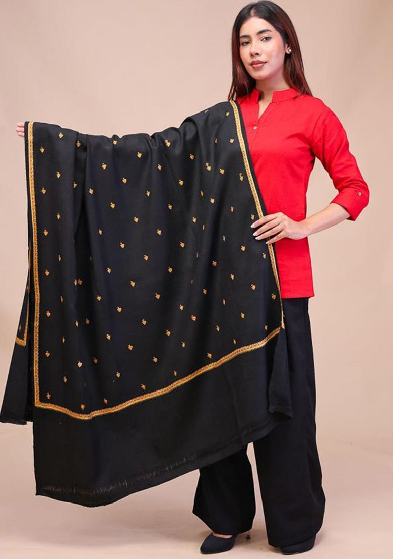 Black Floral Woolen Shawls - Indya