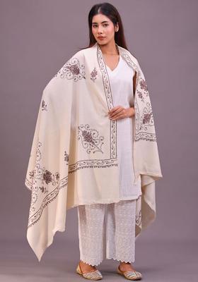 White Floral Woolen Shawls