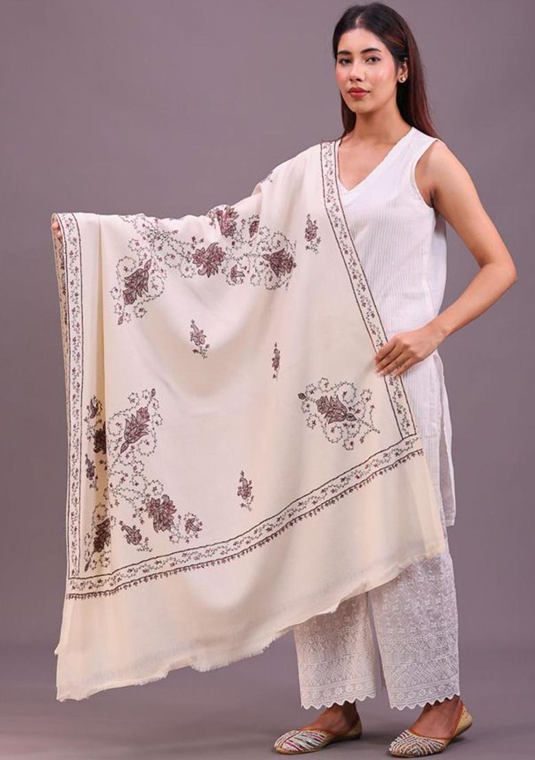 White Floral Woolen Shawls - Indya