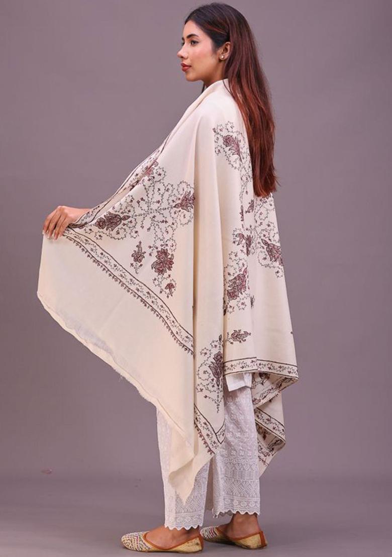 White Floral Woolen Shawls - Indya