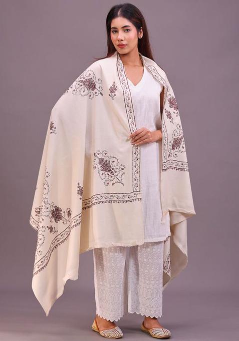 White Floral Woolen Shawls
