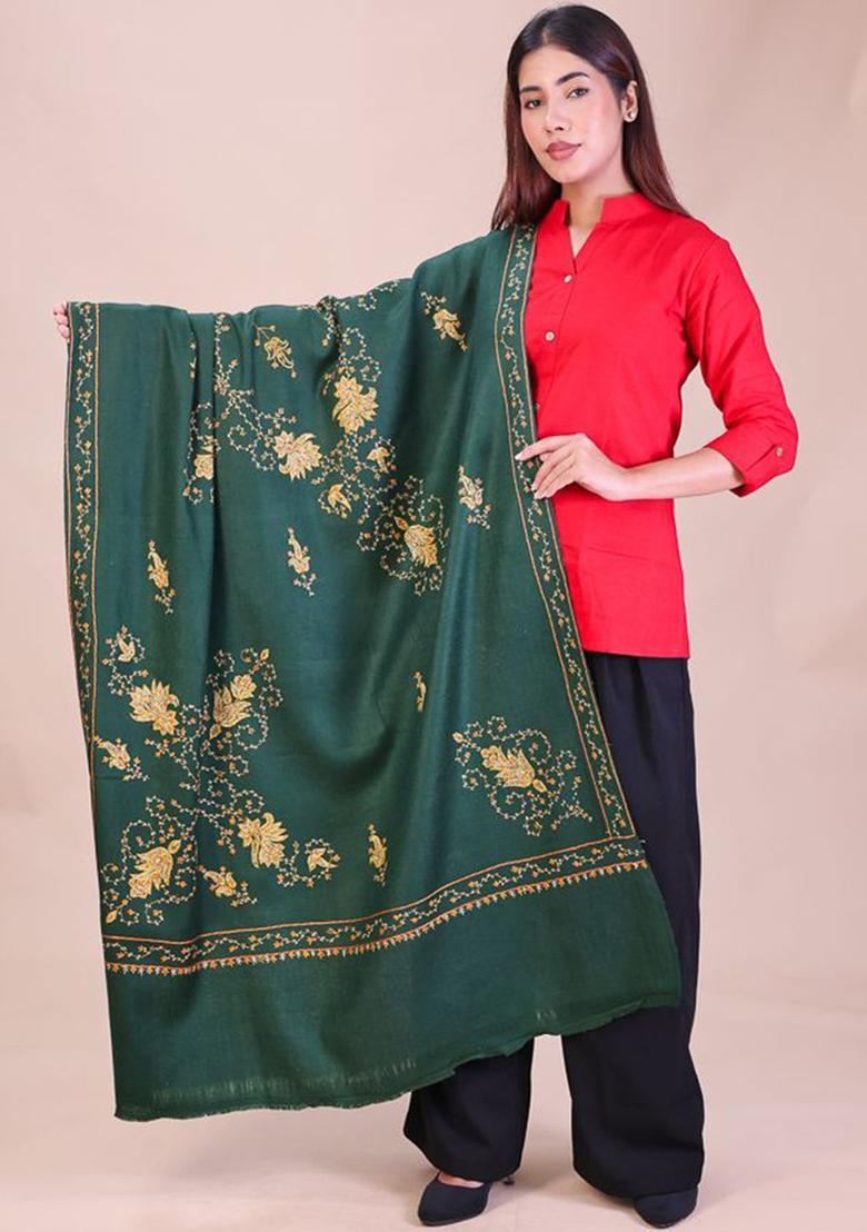 Green Floral Woolen Shawls - Indya