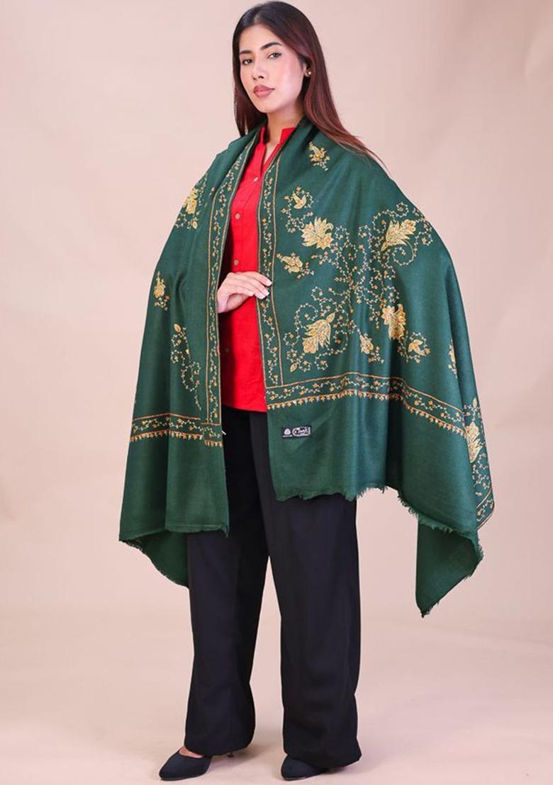 Green Floral Woolen Shawls - Indya