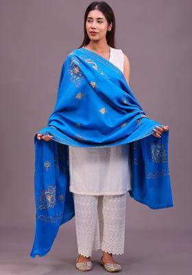 Turquoise Blue Floral Woolen Shawls