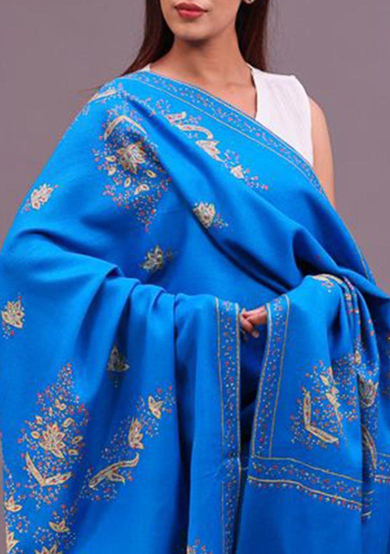 Turquoise Blue Floral Woolen Shawls - Indya