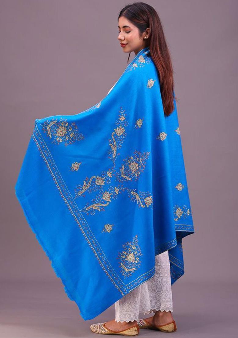 Turquoise Blue Floral Woolen Shawls - Indya