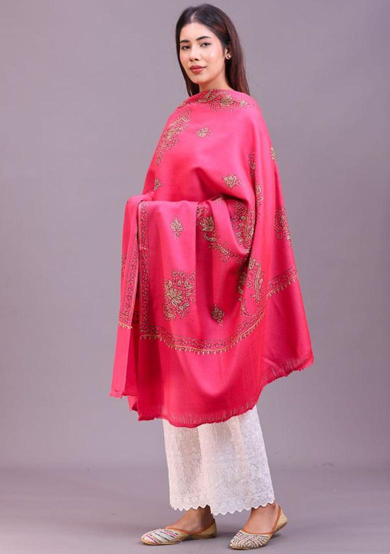 Pink Floral Woolen Shawls - Indya