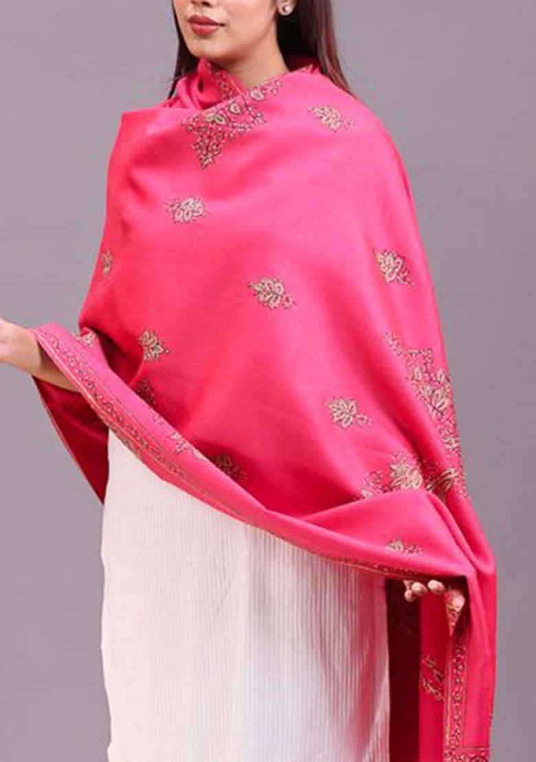 Pink Floral Woolen Shawls - Indya