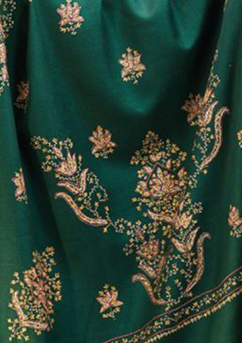 Green Floral Woolen Shawls - Indya