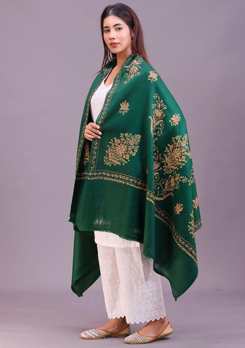 Green Floral Woolen Shawls - Indya