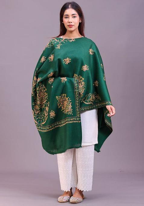 Green Floral Woolen Shawls