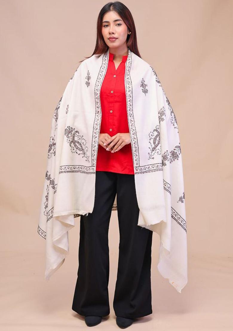 White Floral Woolen Shawls - Indya