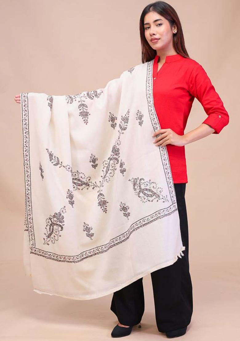 White Floral Woolen Shawls - Indya
