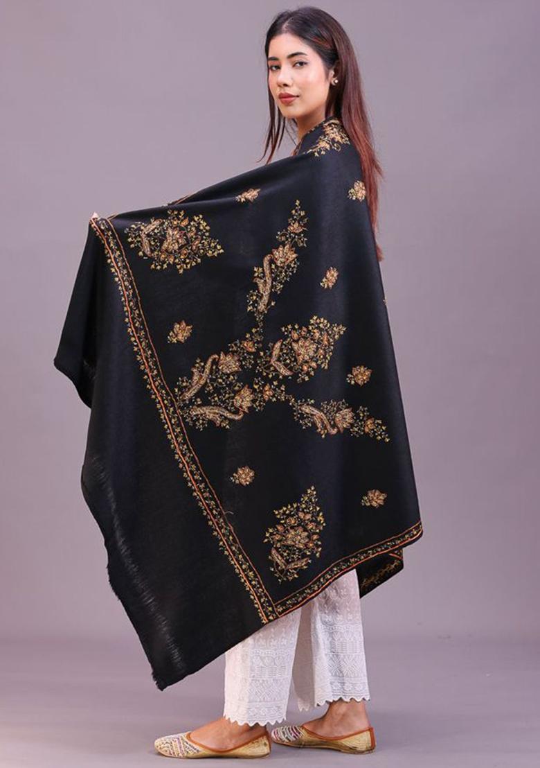 Black Floral Woolen Shawls - Indya
