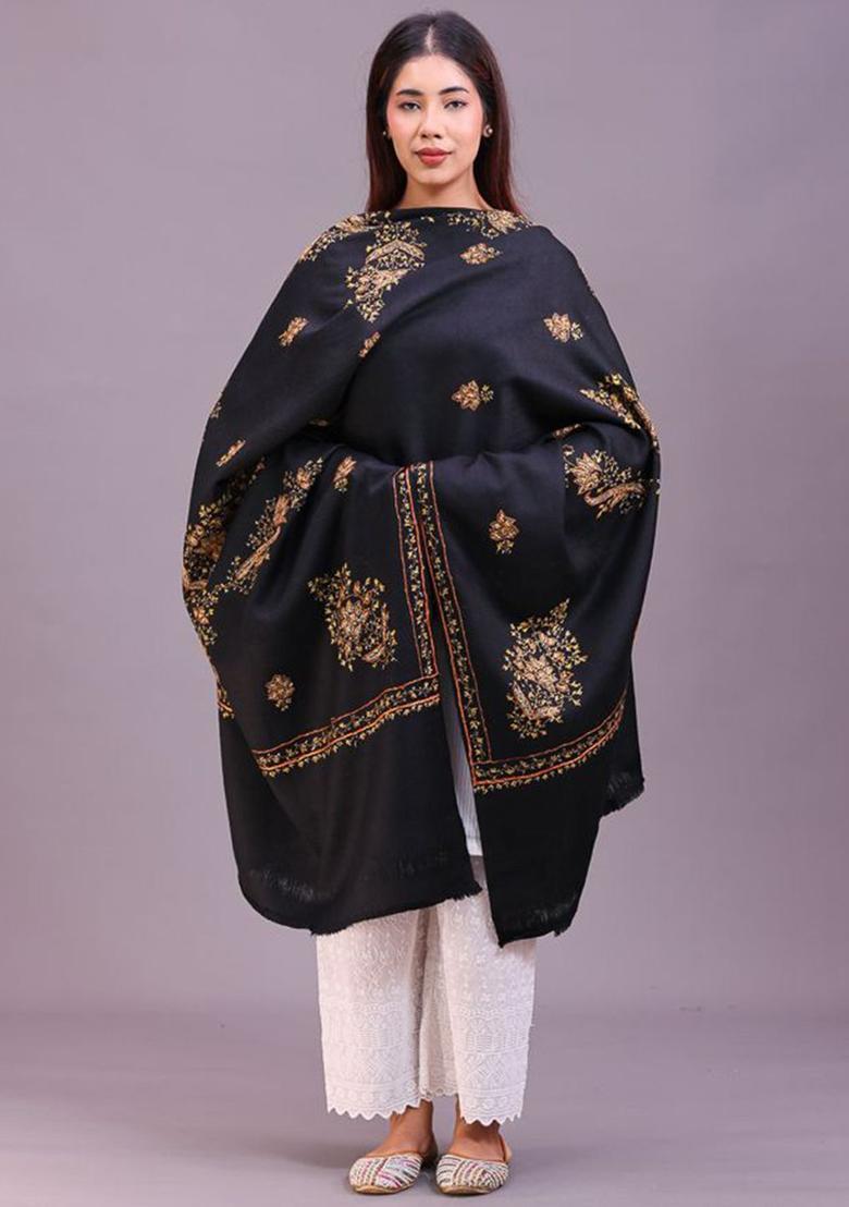 Black Floral Woolen Shawls - Indya