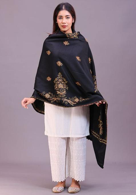 Black Floral Woolen Shawls