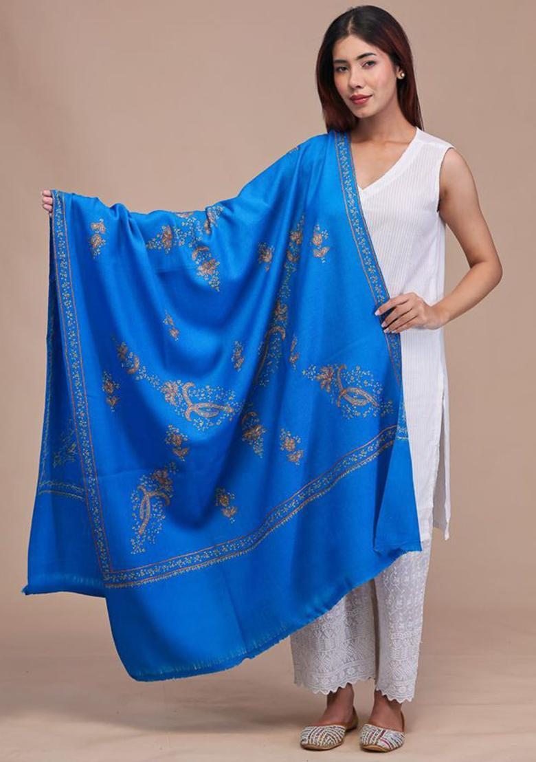 Turquoise Blue Floral Woolen Shawls - Indya