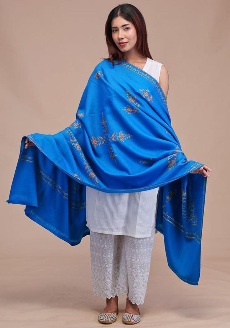 Turquoise Blue Floral Woolen Shawls - Indya