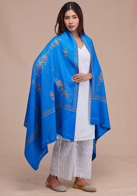Turquoise Blue Floral Woolen Shawls