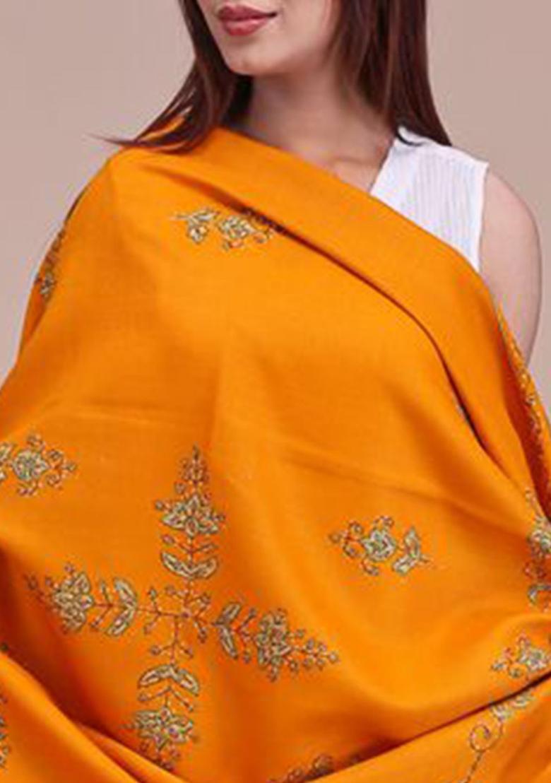 Mustard Floral Woolen Shawls - Indya