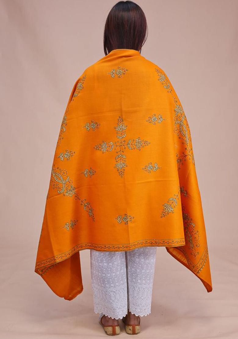Mustard Floral Woolen Shawls - Indya