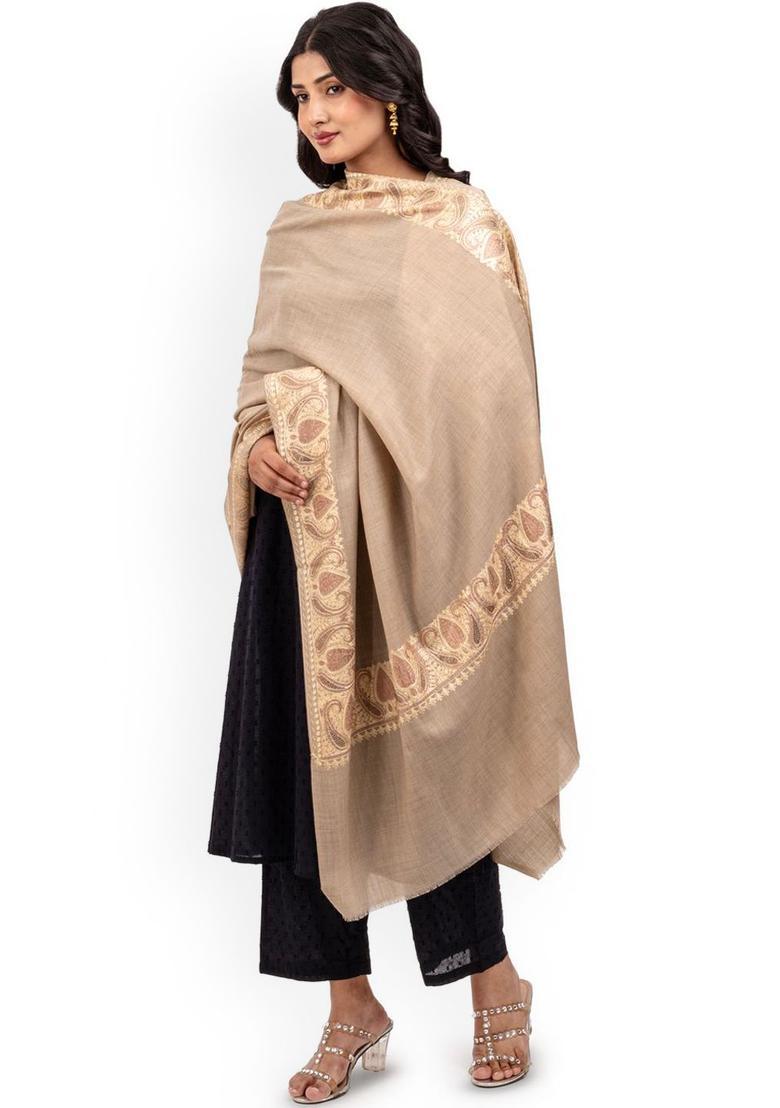 Beige Solid Woolen Shawls - Indya