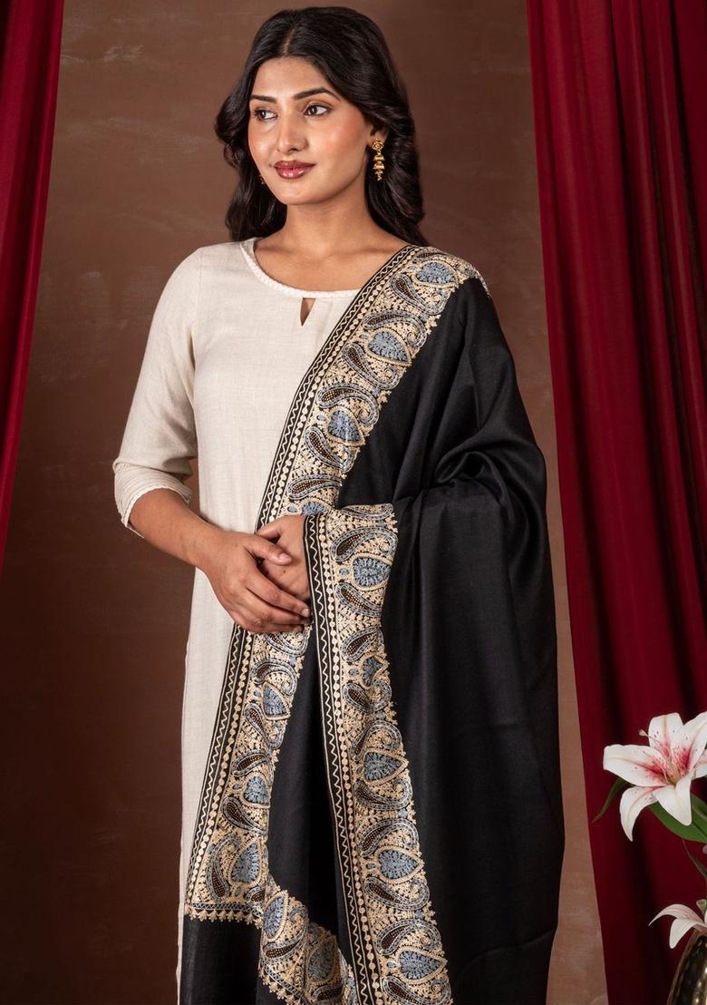 Black Solid Woolen Shawls - Indya