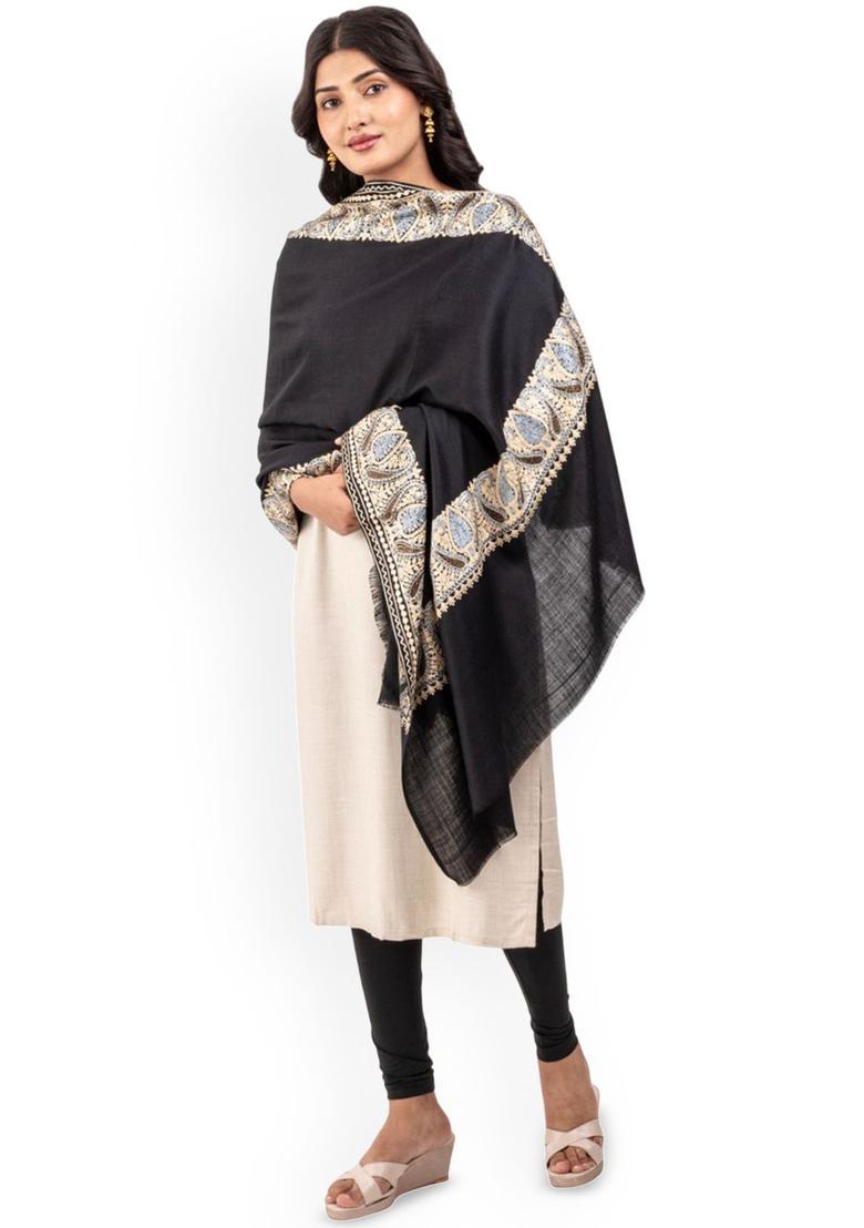 Black Solid Woolen Shawls - Indya