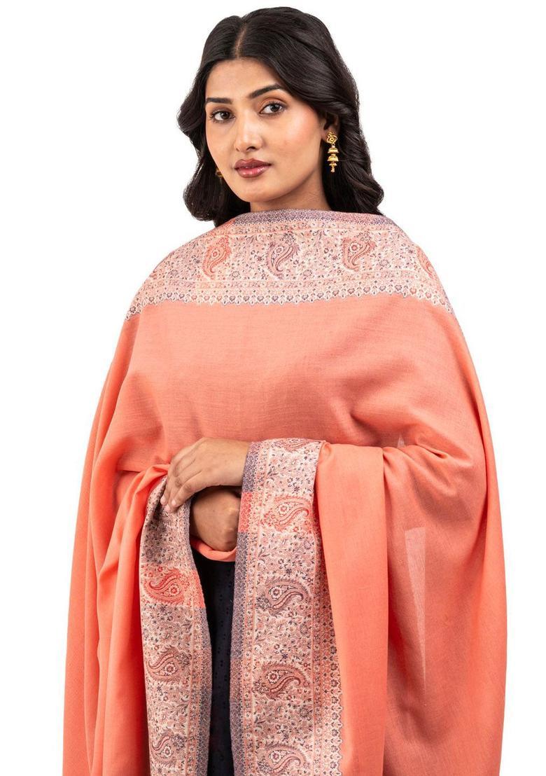 Peach Paisley Woolen Shawls - Indya