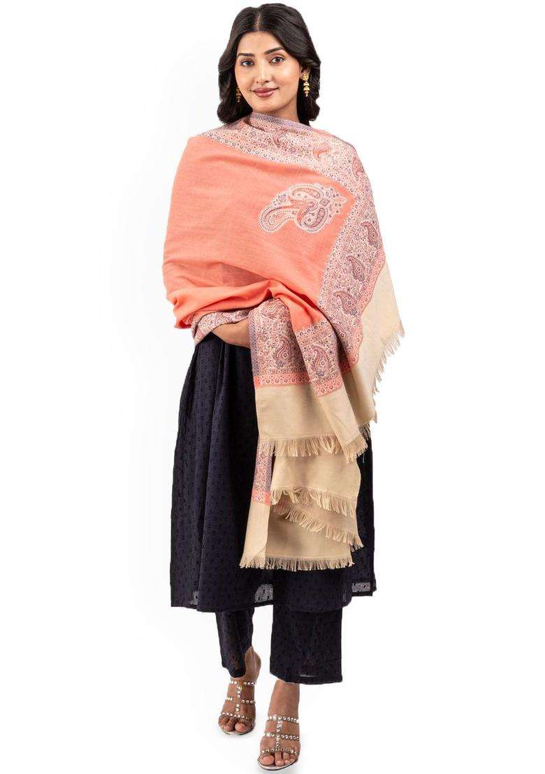 Peach Paisley Woolen Shawls - Indya