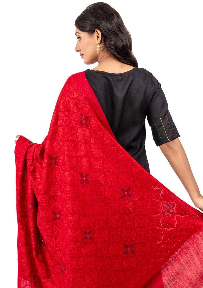 Red Floral Woolen Shawls - Indya