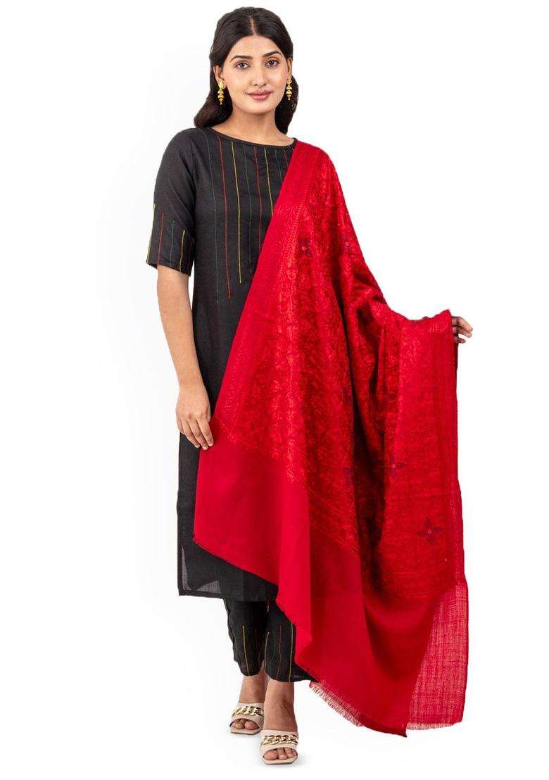 Red Floral Woolen Shawls - Indya