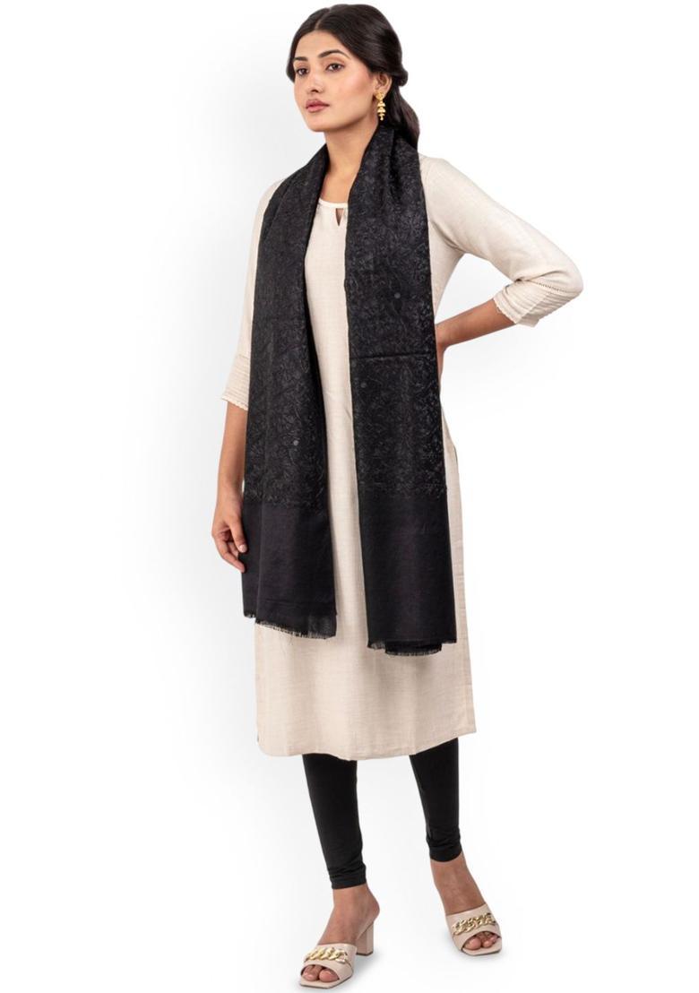 Black Floral Woolen Shawls - Indya