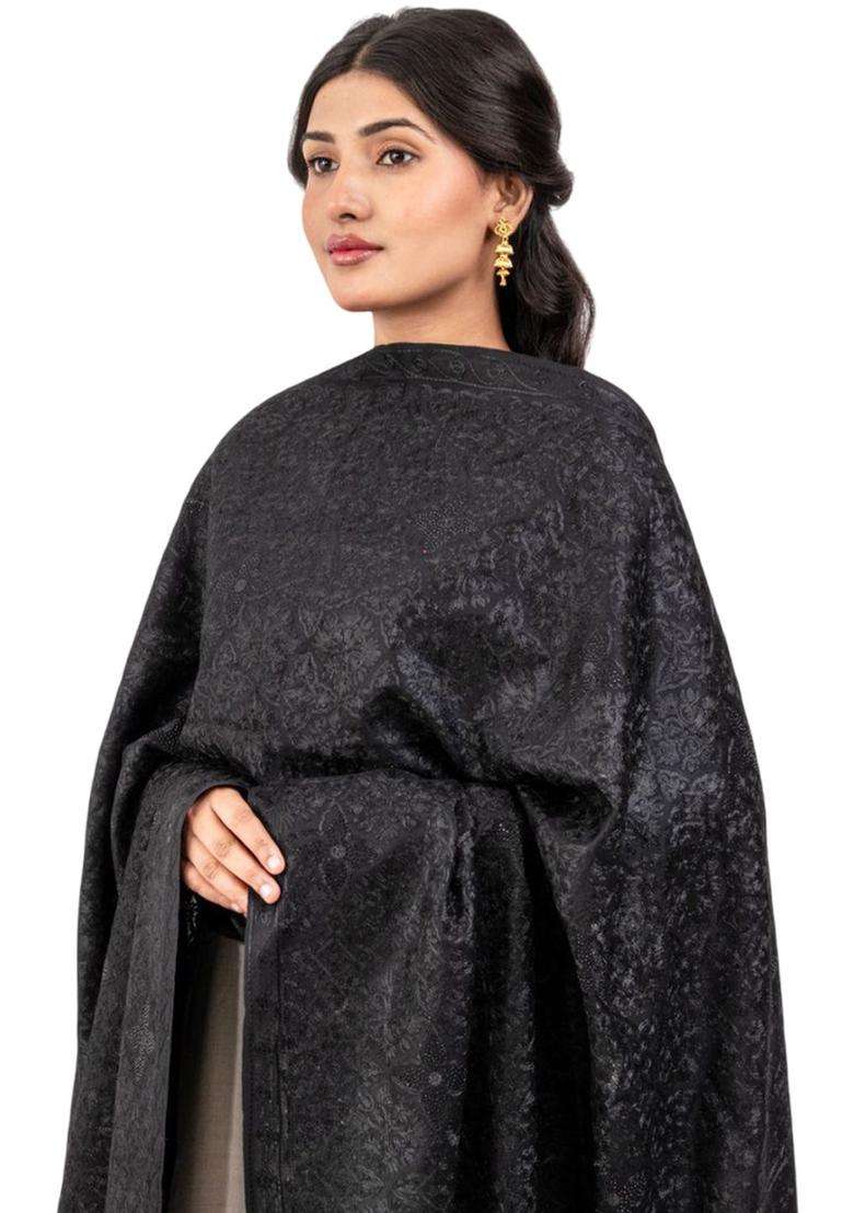 Black Floral Woolen Shawls - Indya