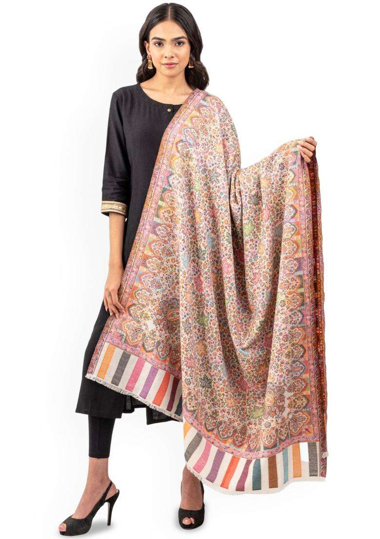 White Floral Woolen Shawls - Indya