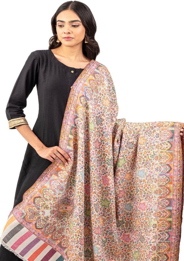 White Floral Woolen Shawls - Indya