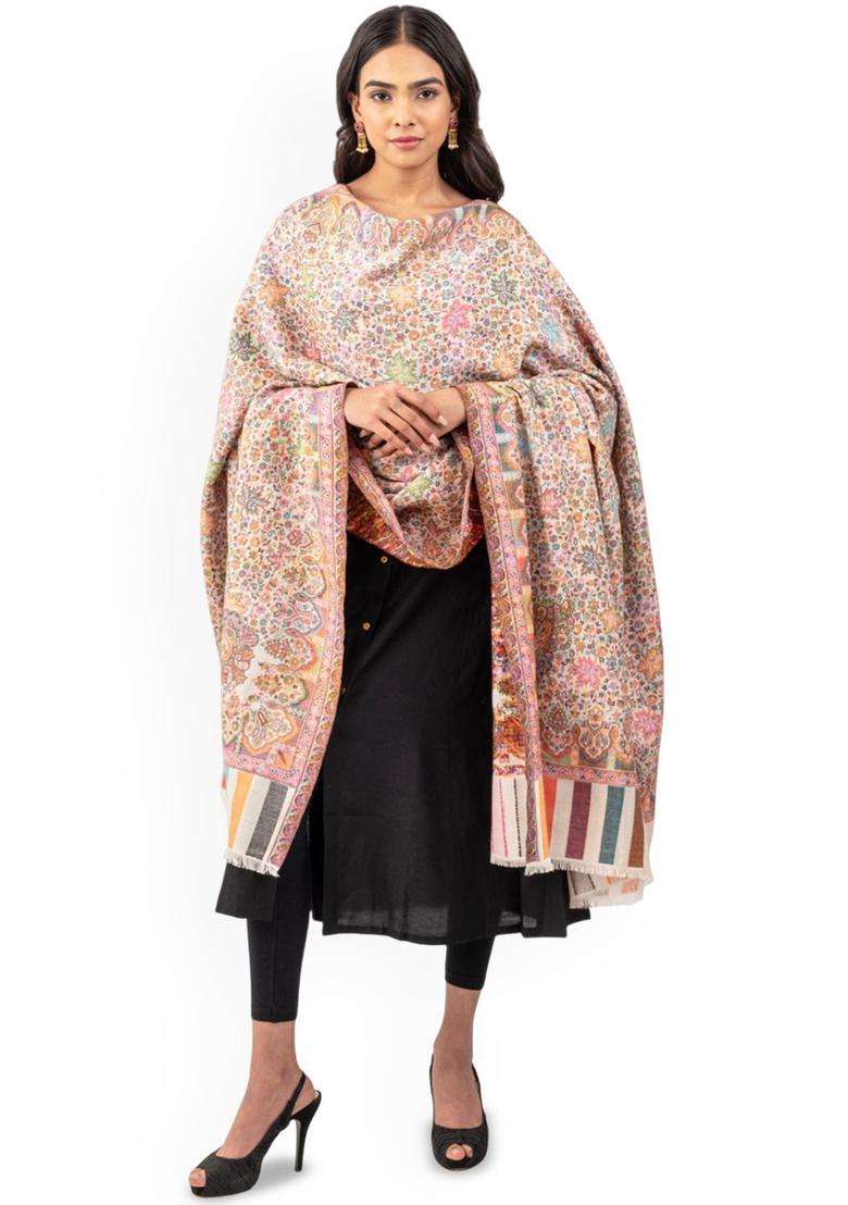 White Floral Woolen Shawls - Indya
