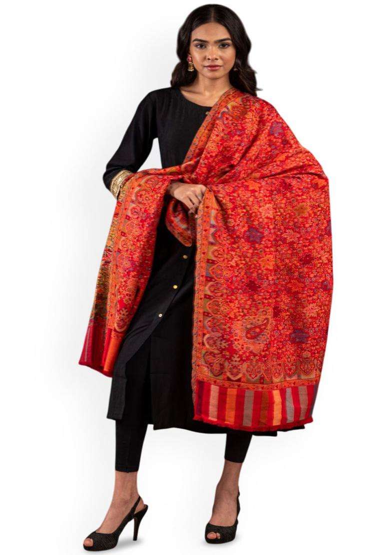 Maroon Floral Woolen Shawls - Indya