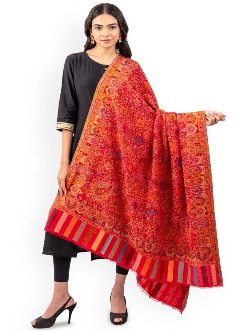 Maroon Floral Woolen Shawls - Indya