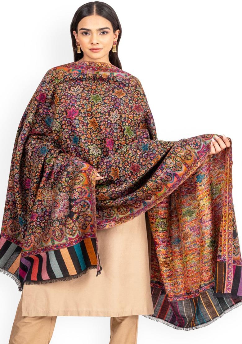 Orange Floral Woolen Shawls - Indya
